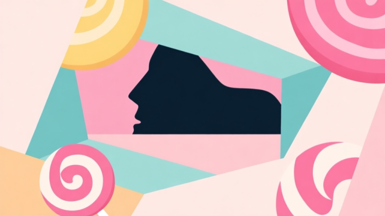 自动生成图片: Abstract geometric composition with overlapping shapes in soft pastel colors, one dark mysterious shape hidden among bright candy-like forms, representing hidden narrative layers within a sweet story, modern minimal style high quality illustration, detailed, 16:9