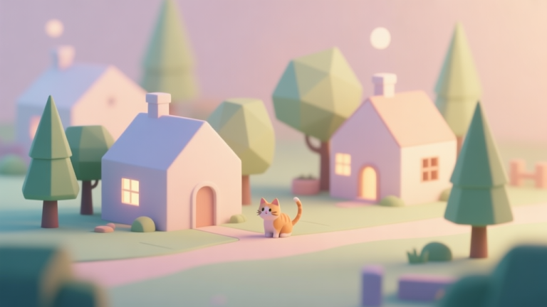 自动生成图片: A cozy, minimalist scene of a tiny cat village with simple geometric houses and trees, soft pastel colors, warm lighting, peaceful and relaxing game concept illustration high quality illustration, detailed, 16:9