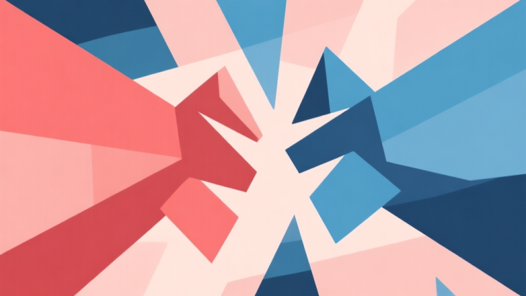 自动生成图片: Abstract geometric composition with overlapping shapes representing conflict and choice, soft red and blue pastel colors, modern minimal style, professional game design concept illustration high quality illustration, detailed, 16:9