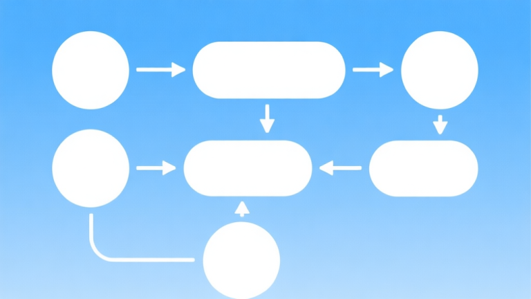 自动生成图片: Simple flowchart illustration with connected circles and arrows, light blue and white color scheme, clean minimal design, business presentation style high quality illustration, detailed, 16:9