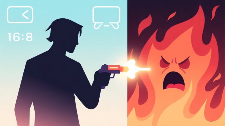 自动生成图片: Abstract illustration of a video game character silhouette facing a glowing, provocative trigger, with a split background showing calm logic on one side and fiery emotional reaction on the other, minimalist style, soft gradient colors high quality illustration, detailed, 16:9