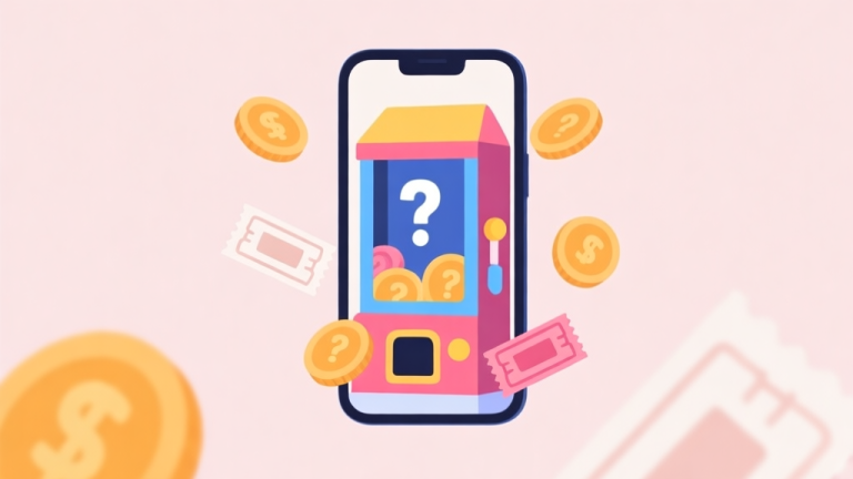 自动生成图片: A minimalist illustration of a smartphone screen showing a colorful gacha machine with question marks, coins and ticket icons floating around it, on a soft pastel background, clean flat design high quality illustration, detailed, 16:9