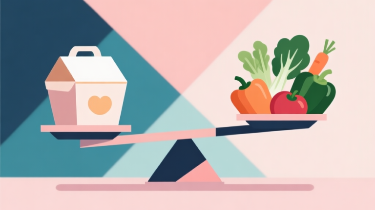 自动生成图片: Abstract geometric composition showing a balance scale with a takeout food container on one side and fresh vegetables on the other, soft pastel colors, modern minimal style, professional health concept illustration high quality illustration, detailed, 16:9