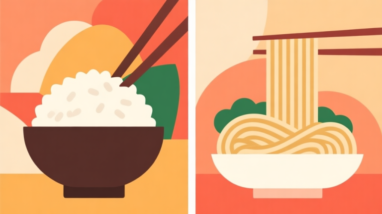 自动生成图片: Abstract side-by-side comparison illustration of two popular Asian dishes, one with rice and one with flat noodles, using simple geometric shapes and warm, inviting food color palette, minimalist flat design style high quality illustration, detailed, 16:9