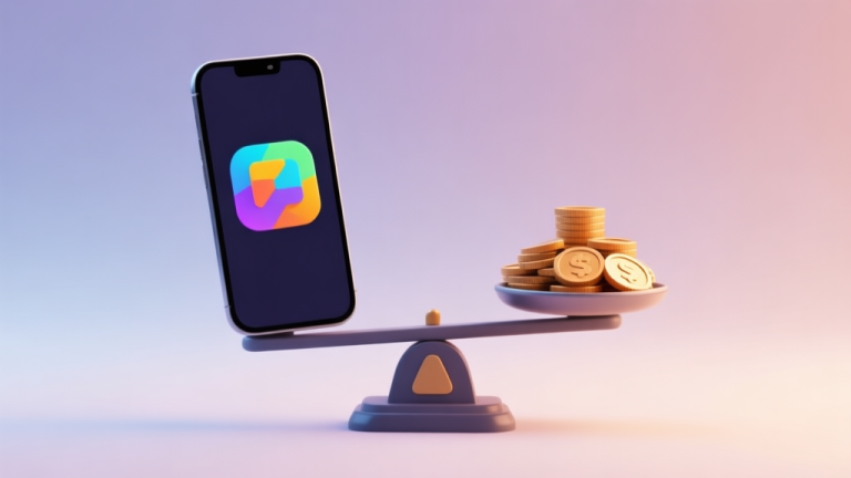 自动生成图片: Abstract composition of a smartphone with a colorful game icon on screen, balanced on a scale against a pile of coins, soft gradient background, clean minimal design, professional review concept high quality illustration, detailed, 16:9