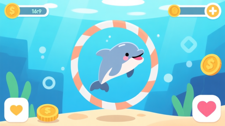 自动生成图片: A playful cartoon dolphin jumping through a stylized hoop in a bright aquarium, surrounded by simple geometric shapes representing game UI elements like coins and hearts, clean and vibrant mobile game illustration style high quality illustration, detailed, 16:9