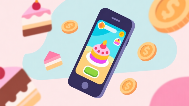 自动生成图片: Simple geometric illustration of a smartphone showing a colorful bakery game interface, surrounded by abstract icons of cakes and coins, soft pastel colors, clean minimal design, professional mobile game concept high quality illustration, detailed, 16:9