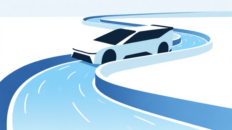 自动生成图片: A minimalist side-view illustration of a stylized vehicle on a winding water slide track, showing precise tilt angles for left and right turns, with soft blue and white gradients, clean lines high quality illustration, detailed, 16:9