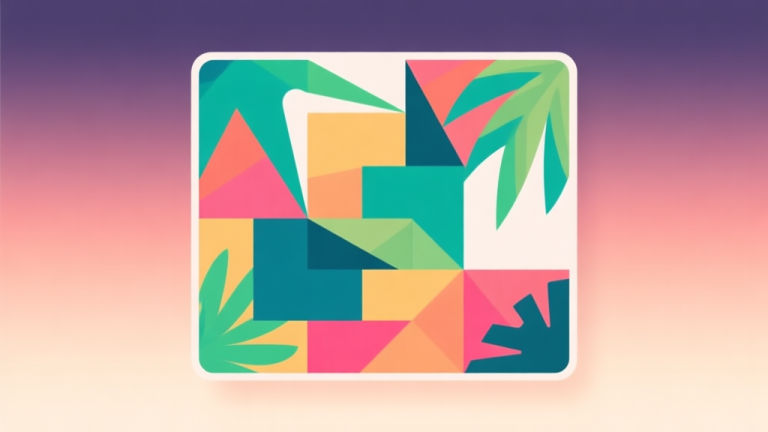 自动生成图片: Abstract geometric puzzle with complex overlapping shapes in tropical colors, clean flat design, minimalist game concept illustration, soft gradient background high quality illustration, detailed, 16:9