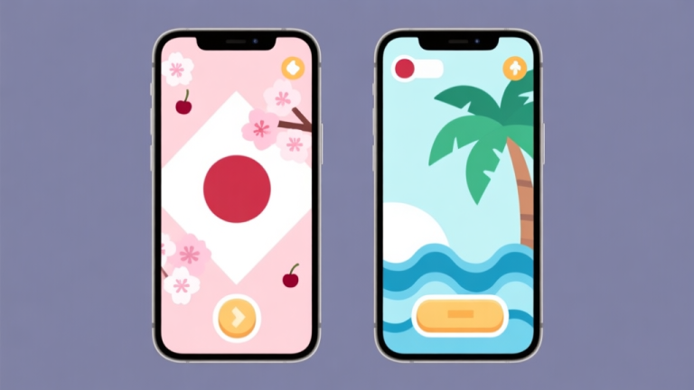 自动生成图片: Two contrasting smartphone screens side by side, one showing geometric shapes with cherry blossom aesthetics (Japan theme), the other showing similar shapes with palm leaf and wave patterns (Hawaii theme), clean flat design, pastel colors, minimalist game interface illustration high quality illustration, detailed, 16:9
