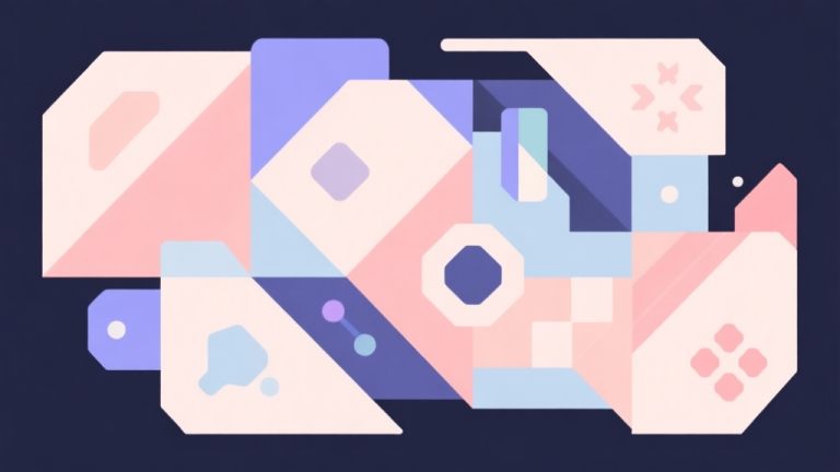 自动生成图片: Abstract geometric composition with overlapping shapes representing game mechanics, soft pastel colors, modern minimal style, professional gaming concept illustration high quality illustration, detailed, 16:9