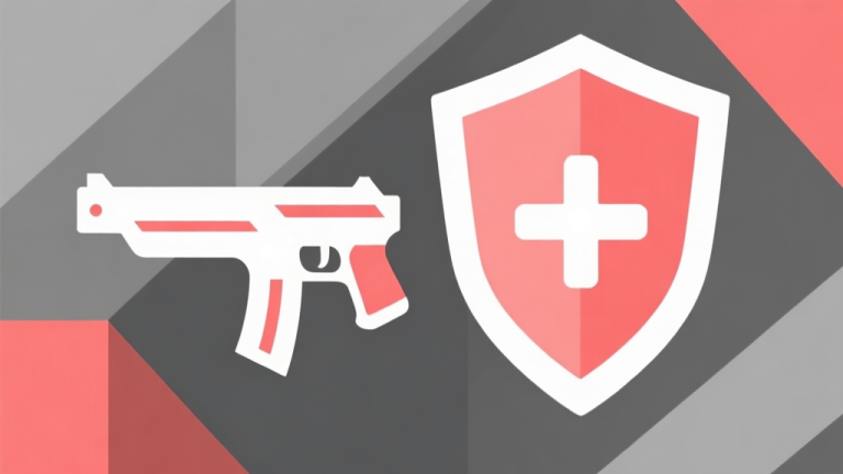 自动生成图片: Abstract geometric composition showing a stylized, sleek weapon icon contrasted with a shield and a plus/minus symbol, soft red and grey color scheme, clean minimal design, professional game analysis concept high quality illustration, detailed, 16:9
