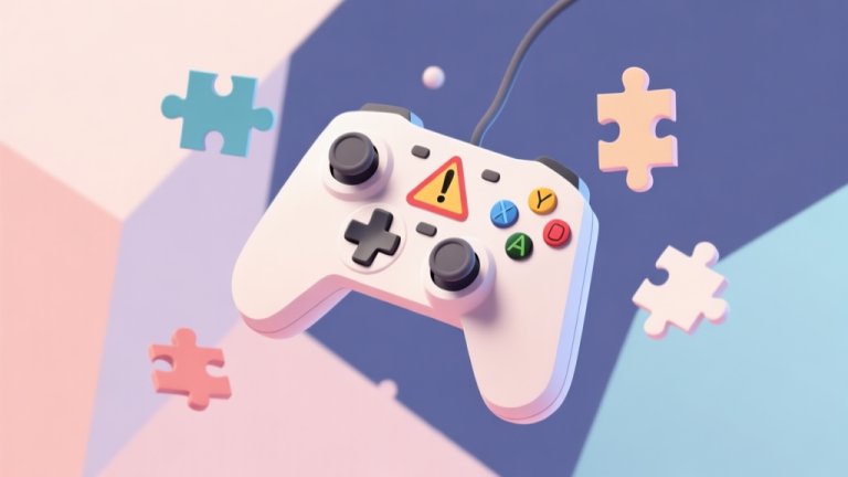 自动生成图片: Abstract geometric composition showing a game controller with a warning sign and puzzle pieces floating around, soft pastel colors, modern minimal style, professional troubleshooting concept illustration high quality illustration, detailed, 16:9