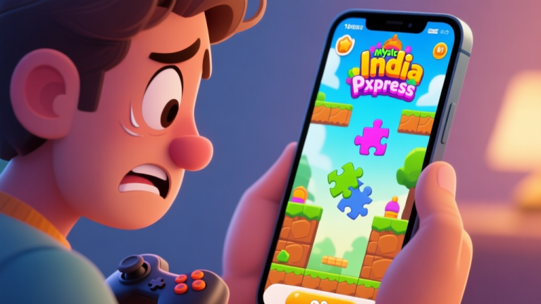 自动生成图片: A frustrated gamer looking at a stuck puzzle level on a mobile phone screen, with a vibrant and colorful Mystic India Pop Express game interface visible, cartoon style, soft lighting high quality illustration, detailed, 16:9