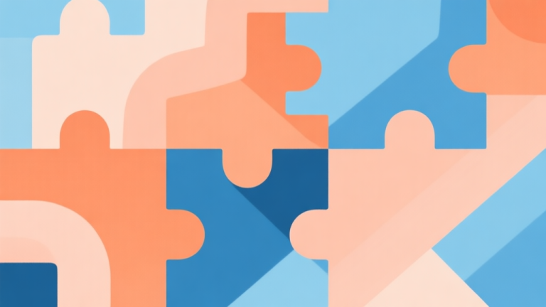 自动生成图片: Abstract geometric composition with overlapping shapes representing puzzle pieces, soft pastel colors of orange and blue, modern minimal style, professional game analysis concept illustration high quality illustration, detailed, 16:9