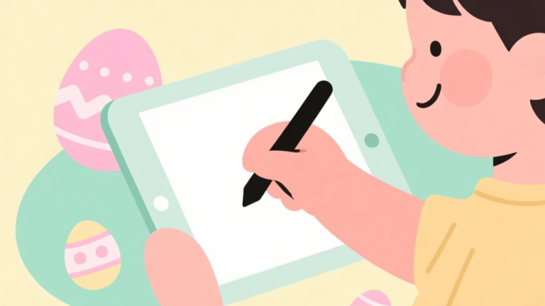 自动生成图片: A cheerful, minimalist illustration of a child's hand using a stylus on a tablet, with simple Easter egg decorations and pastel colors like soft pink, mint green, and light yellow in the background, clean flat design high quality illustration, detailed, 16:9