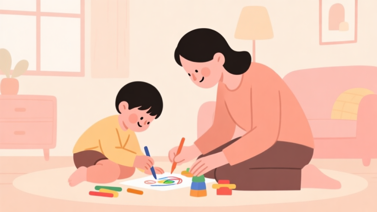 自动生成图片: A warm, inviting illustration of a parent and child engaged in a playful activity like drawing or pretend play, with soft pastel colors, simple shapes, and a cozy home setting, minimalist style high quality illustration, detailed, 16:9