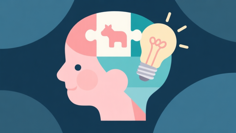 自动生成图片: Abstract geometric composition with overlapping shapes representing a child's mind, a puzzle piece with an animal icon, and a lightbulb, soft pastel colors, modern minimal style, professional education concept illustration high quality illustration, detailed, 16:9