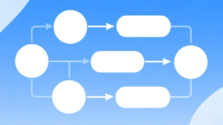 自动生成图片: Simple flowchart illustration with connected circles and arrows, light blue and white color scheme, clean minimal design, business presentation style high quality illustration, detailed, 16:9