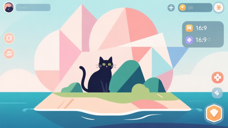 自动生成图片: Abstract geometric composition with overlapping shapes, soft pastel colors, modern minimal style, professional business concept illustration of a cat island with game UI elements high quality illustration, detailed, 16:9