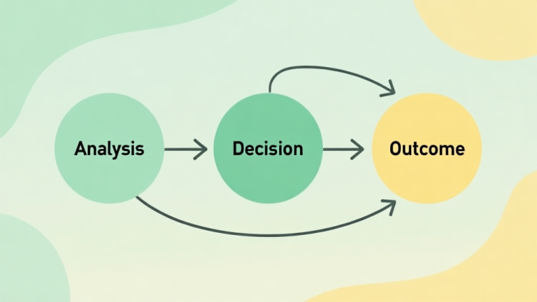 自动生成图片: Simple flowchart illustration with connected circles and arrows representing analysis, decision, and outcome, light green and soft yellow color scheme, clean minimal design, business presentation style high quality illustration, detailed, 16:9