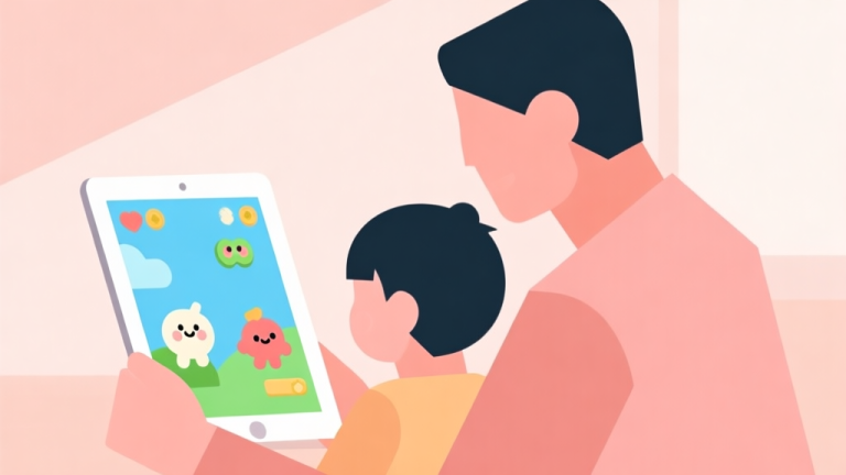 自动生成图片: Simple geometric illustration of a parent and child looking at a tablet screen with cute game characters, soft pastel colors, clean lines, warm and nurturing atmosphere, minimalist style high quality illustration, detailed, 16:9