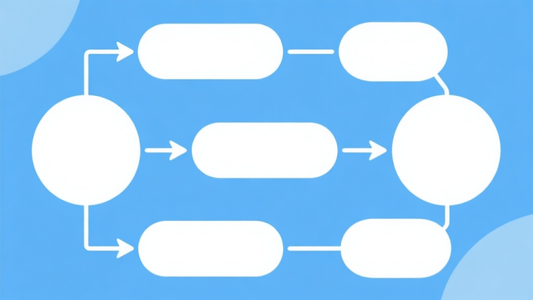 自动生成图片: Simple flowchart illustration with connected circles and arrows, light blue and white color scheme, clean minimal design, business presentation style high quality illustration, detailed, 16:9