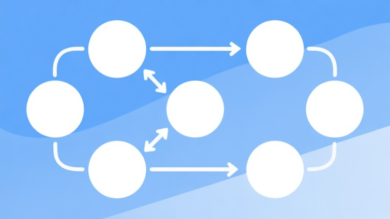自动生成图片: Simple flowchart illustration with connected circles and arrows, light blue and white color scheme, clean minimal design, business presentation style high quality illustration, detailed, 16:9