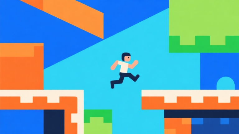 自动生成图片: Abstract geometric composition with overlapping shapes in vibrant game-like colors (blue, orange, green), clean minimal style, showing a simple character jumping between platforms, digital game concept illustration high quality illustration, detailed, 16:9