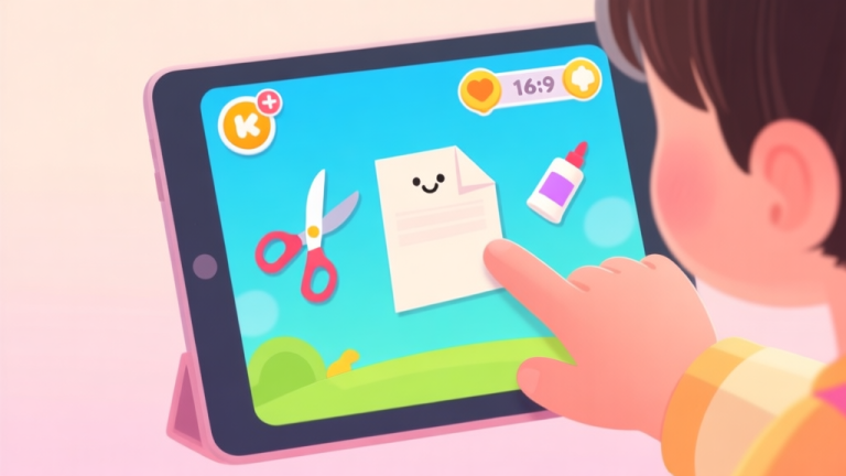 自动生成图片: A child's hand interacting with a colorful tablet screen showing a simple, friendly crafting game interface, with virtual scissors, paper, and glue icons, soft pastel background, digital illustration style high quality illustration, detailed, 16:9