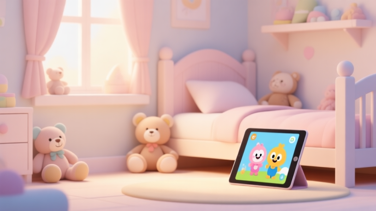自动生成图片: A warm, inviting digital illustration of a cozy children's room with soft toys and a tablet showing friendly cartoon characters, soft pastel colors, clean and safe aesthetic, minimalist detail high quality illustration, detailed, 16:9