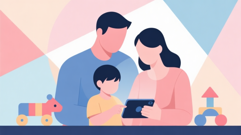 自动生成图片: Abstract geometric composition with overlapping shapes representing family and play, soft pastel colors, modern minimal style, professional concept illustration of parent and child interaction with digital device high quality illustration, detailed, 16:9