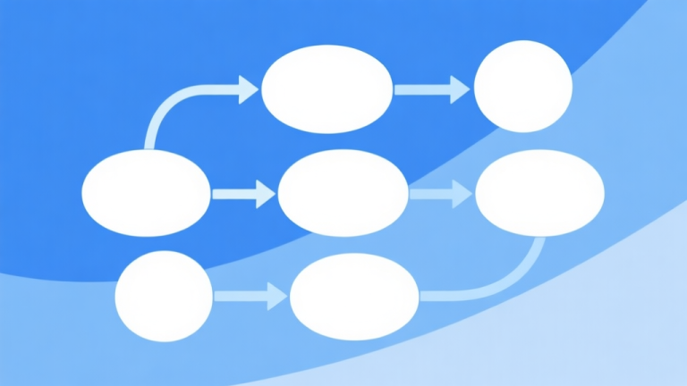 自动生成图片: Simple flowchart illustration with connected circles and arrows, light blue and white color scheme, clean minimal design, business presentation style high quality illustration, detailed, 16:9