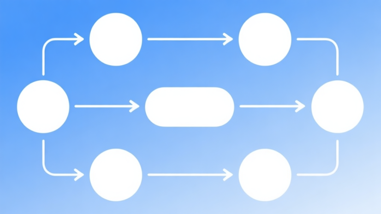 自动生成图片: Simple flowchart illustration with connected circles and arrows, light blue and white color scheme, clean minimal design, business presentation style high quality illustration, detailed, 16:9