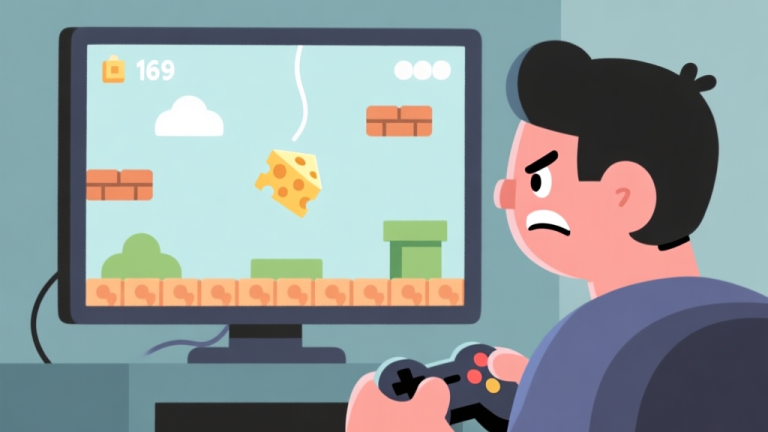 自动生成图片: A frustrated cartoon gamer character looking at a screen showing a tricky cheese-catching level, with simple geometric obstacles and a bouncing cheese, in a flat minimalist style with soft colors high quality illustration, detailed, 16:9