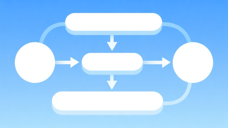 自动生成图片: Simple flowchart illustration with connected circles and arrows, light blue and white color scheme, clean minimal design, business presentation style high quality illustration, detailed, 16:9