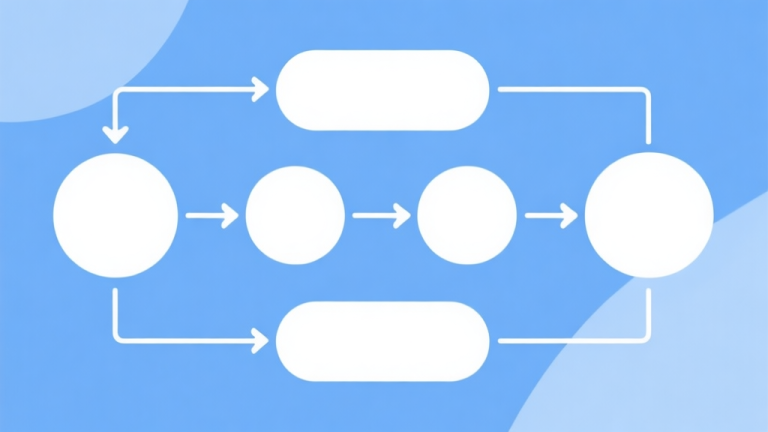 自动生成图片: Simple flowchart illustration with connected circles and arrows, light blue and white color scheme, clean minimal design, business presentation style high quality illustration, detailed, 16:9