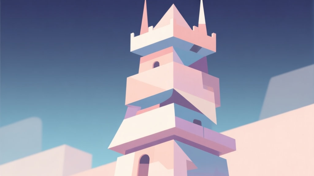 Abstract geometric composition with overlapping shapes forming a tower-like structure, soft pastel colors, modern minimal style, professional game concept illustration high quality illustration, detailed, 16:9