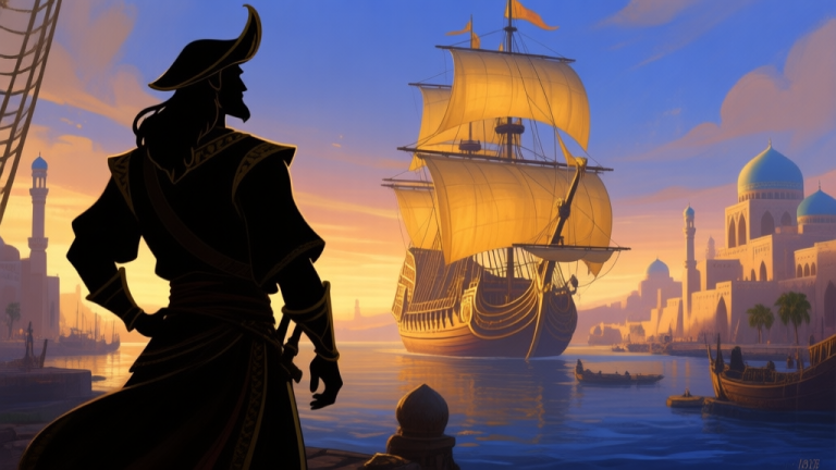 自动生成图片: A majestic scene of a Middle Eastern port at dusk, with a stylized silhouette of a confident sailor (Sinbad) looking towards a grand ship, warm golden and blue color scheme, digital painting style, epic adventure game concept art high quality illustration, detailed, 16:9