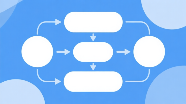 自动生成图片: Simple flowchart illustration with connected circles and arrows, light blue and white color scheme, clean minimal design, business presentation style high quality illustration, detailed, 16:9