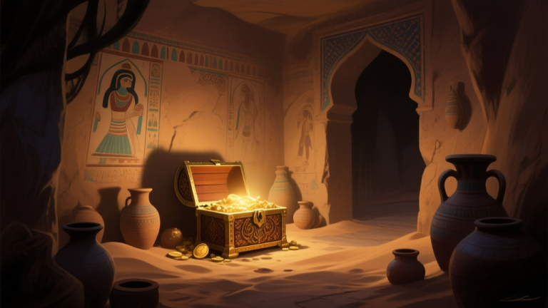 自动生成图片: A mysterious, dimly lit treasure chamber in an Arabian Nights style, with an ornate chest glowing softly in the center, surrounded by ancient pottery and faded murals on sandstone walls, digital painting style with warm and shadowy contrast high quality illustration, detailed, 16:9