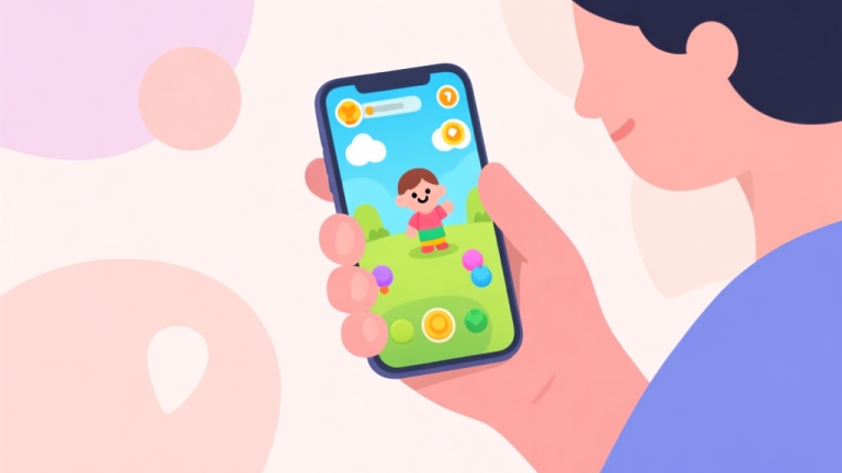 自动生成图片: A minimalist illustration of a parent's hand holding a smartphone, showing a colorful, child-friendly game interface on the screen. Soft pastel background with abstract shapes representing curiosity and safety. Clean, modern style. high quality illustration, detailed, 16:9