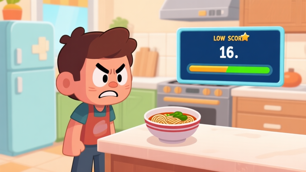 A frustrated game character in a cartoon kitchen looking at a low score screen, with a bowl of ramen on the counter, in a bright and clean video game art style high quality illustration, detailed, 16:9