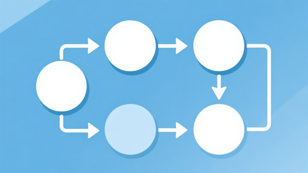 Simple flowchart illustration with connected circles and arrows, light blue and white color scheme, clean minimal design, business presentation style high quality illustration, detailed, 16:9