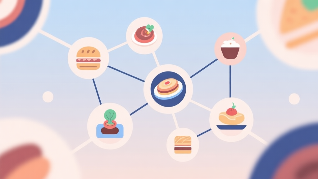 Abstract network nodes connected by lines, soft color scheme, clean minimal illustration, modern digital concept of collaboration between game and food culture high quality illustration, detailed, 16:9