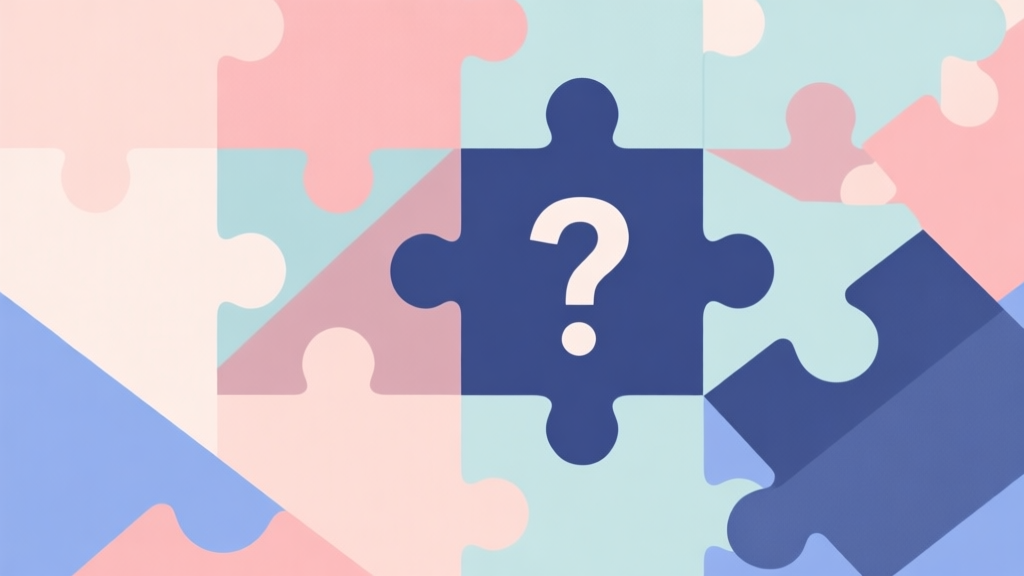 Abstract geometric composition with overlapping puzzle pieces and a question mark, soft pastel colors, modern minimal style, professional analysis concept illustration high quality illustration, detailed, 16:9