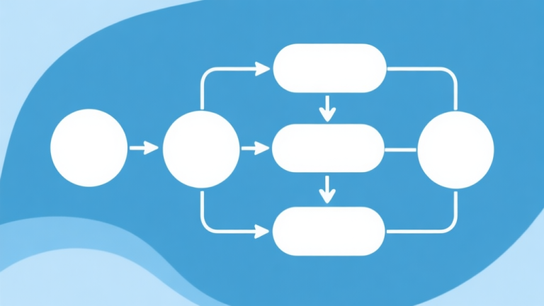 自动生成图片: Simple flowchart illustration with connected circles and arrows, light blue and white color scheme, clean minimal design, business presentation style high quality illustration, detailed, 16:9