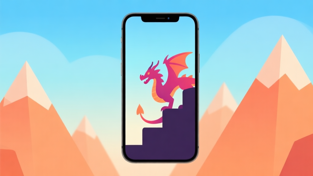 A minimalist smartphone screen showing a vibrant dragon climbing game, with simple geometric mountains and a stylized dragon silhouette, soft gradient background of sky blue and orange, clean and modern mobile game illustration high quality illustration, detailed, 16:9