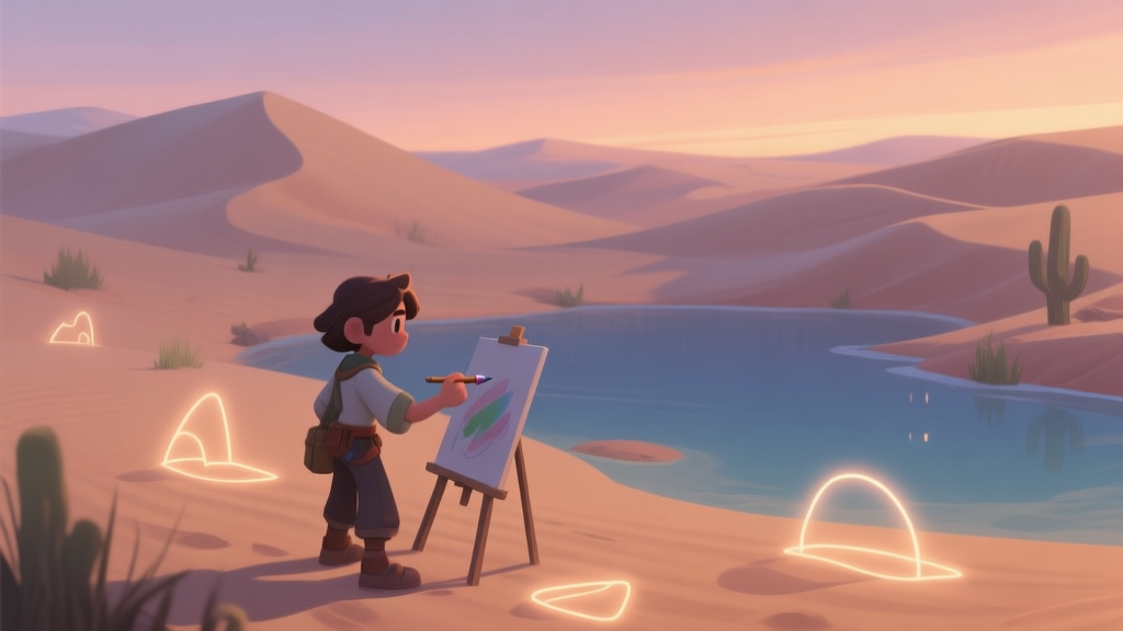 A serene, stylized game scene of a desert oasis at dusk, with soft sand dunes, a character holding a drawing tool, and faint glowing outlines of shapes in the sand, using a warm, muted color palette high quality illustration, detailed, 16:9
