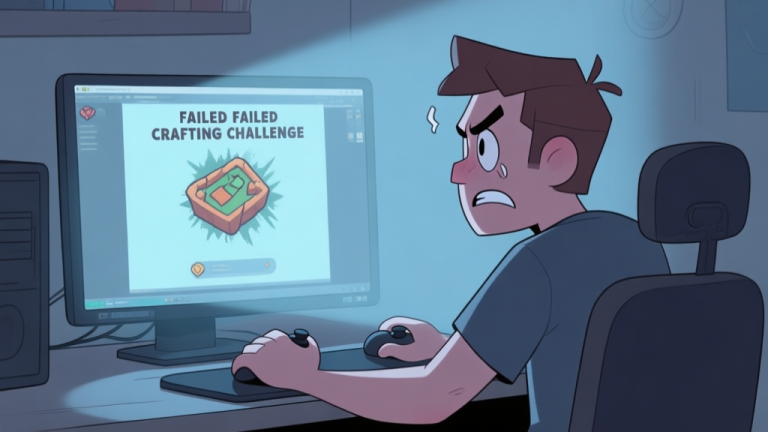 自动生成图片: A frustrated gamer looking at a computer screen showing a failed crafting challenge, soft evening lighting, muted colors of blue and grey, cartoon-style illustration high quality illustration, detailed, 16:9